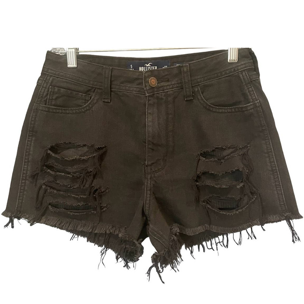 Hollister Womens Jean Shorts Size 27 Black Denim Distressed High Rise Boyfriend